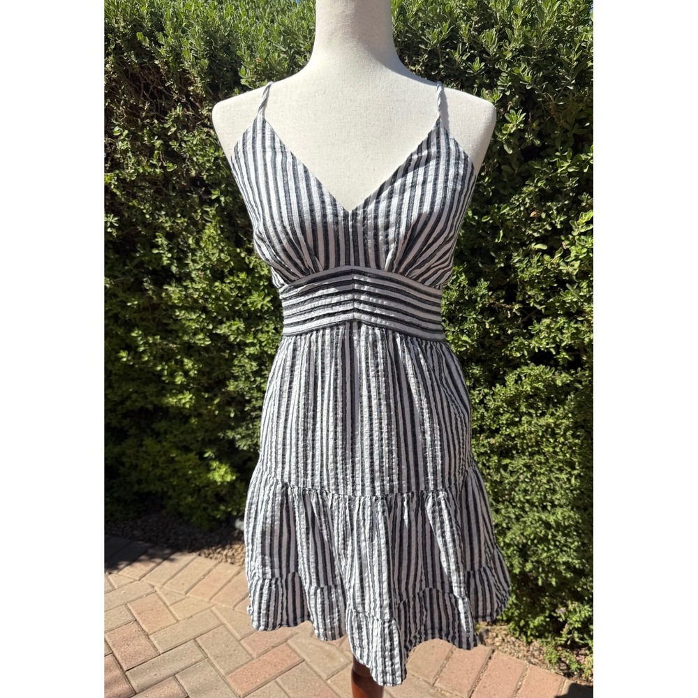 American Eagle Seersucker Striped Mini Dress Navy White Open Back Tassel Large